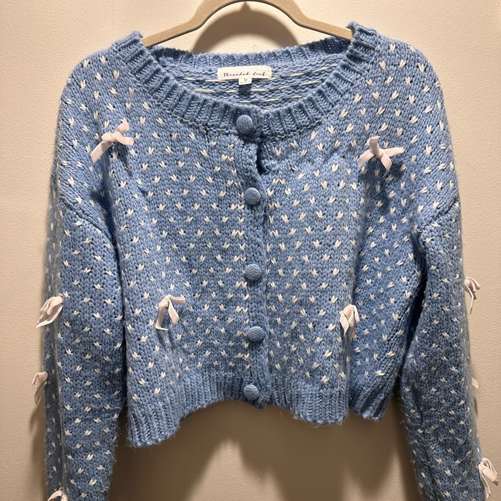 Blue Knit Cardigan with Bows
